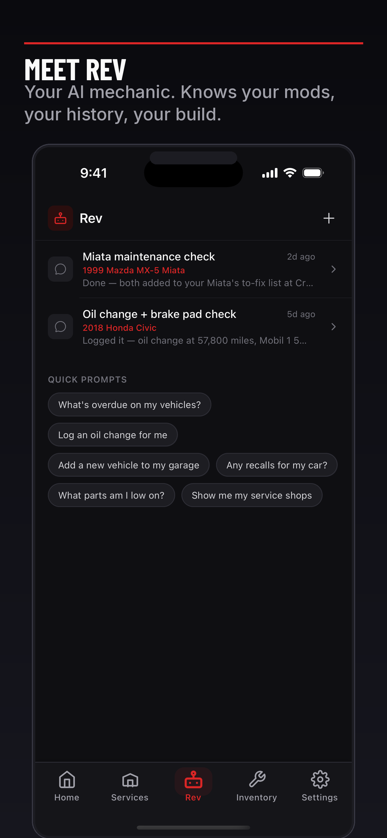GarageHub iOS app — Rev AI mechanic chat