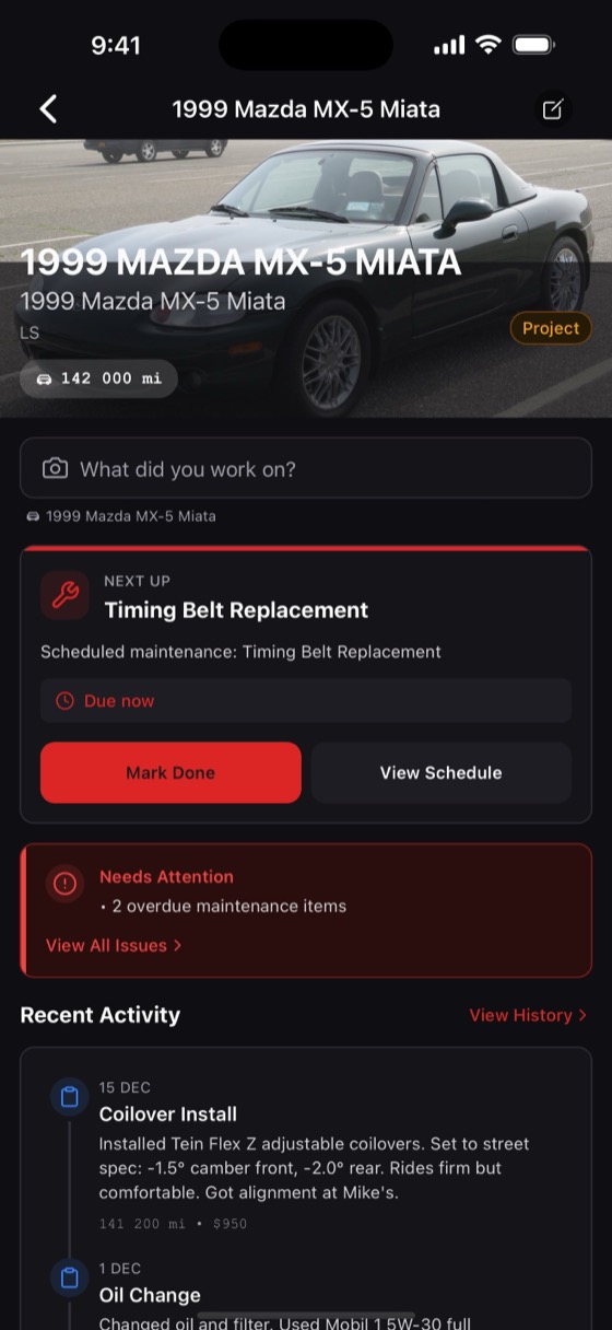 A 1999 Mazda MX-5 Miata in GarageHub, with a Next up card showing a timing belt replacement due now