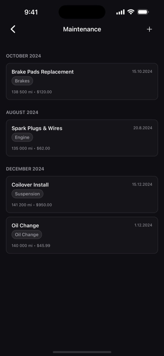 A vehicle's maintenance history in GarageHub, grouped by month with mileage and cost on each entry